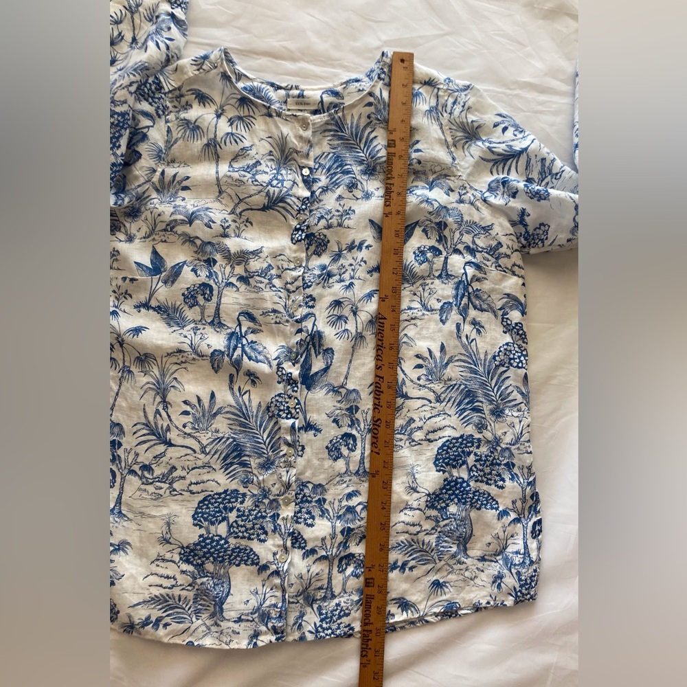 JOIE 100% Linen Tropical Blue/White Toile Print Button-Down Blouse 1X Botanical - Picture 8 of 9